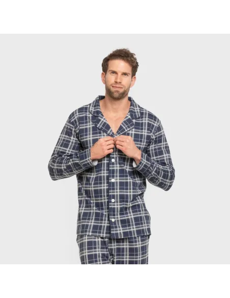 Pijama comprido camisa algodão homem Cuadro Brais azul pijamas-compridos-homem
