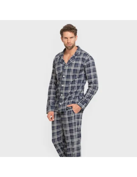 Pijama comprido camisa algodão homem Cuadro Brais azul pijamas-compridos-homem