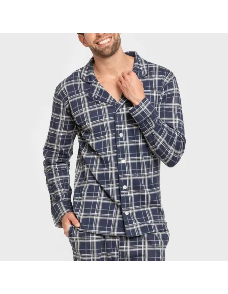 Pijama comprido camisa algodão homem Cuadro Brais azul pijamas-compridos-homem