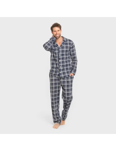 Pijama comprido camisa algodão homem Cuadro Brais azul pijamas-compridos-homem
