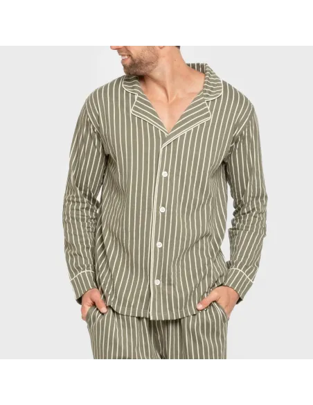 Pijama comprido camisa algodão homem Raya John verde caça pijamas-compridos-homem