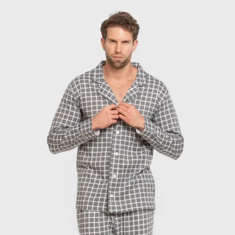 Pijama comprido camisa algodão homem Cuadro Roberto cinza pijamas-compridos-homem