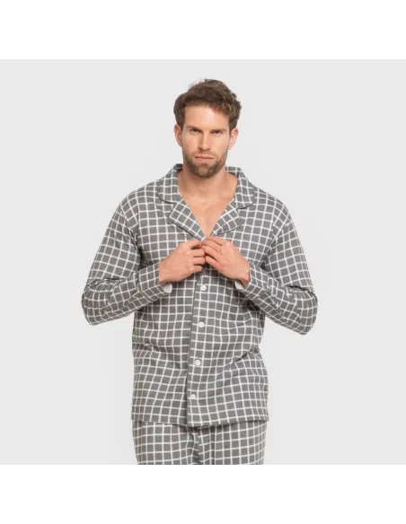 Pijama comprido camisa algodão homem Cuadro Roberto cinza pijamas-compridos-homem