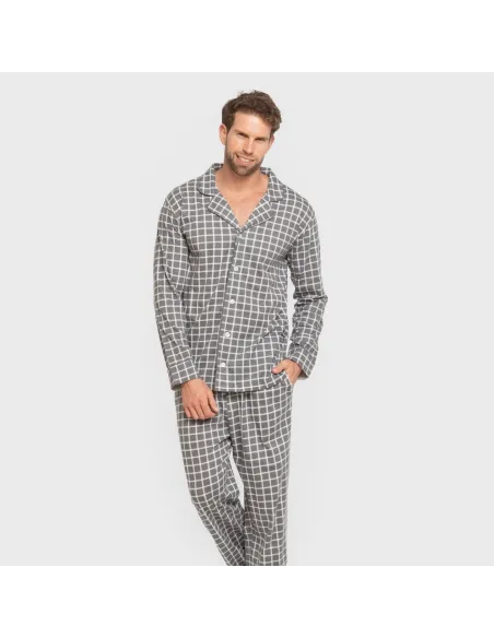 Pijama comprido camisa algodão homem Cuadro Roberto cinza pijamas-compridos-homem