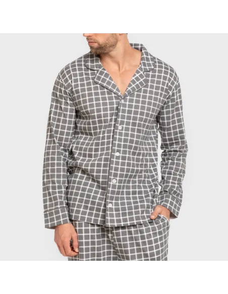 Pijama comprido camisa algodão homem Cuadro Roberto cinza pijamas-compridos-homem