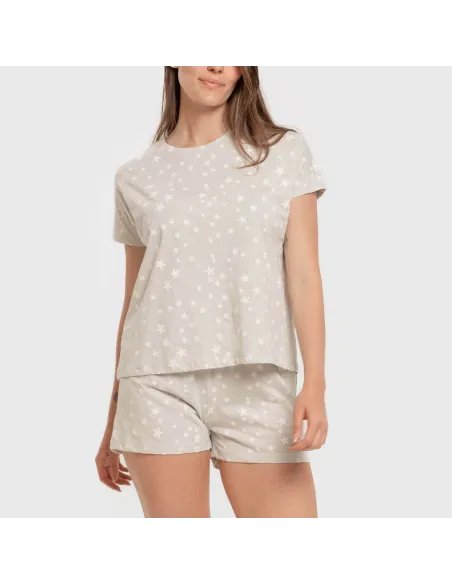Pijama curto manga fluida algodão mulher Estrellita cinza pijamas-curtos-mulher