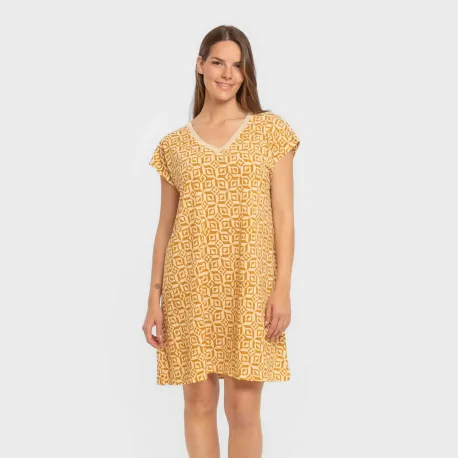 Vestido curto manga fluida crepe Corinto ocre vestidos-mulher