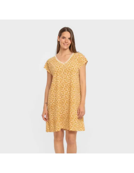 Vestido curto manga fluida crepe Corinto ocre vestidos-mulher