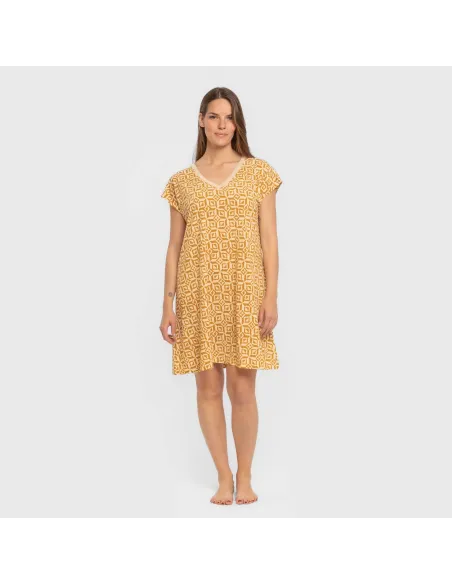 Vestido curto manga fluida crepe Corinto ocre vestidos-mulher