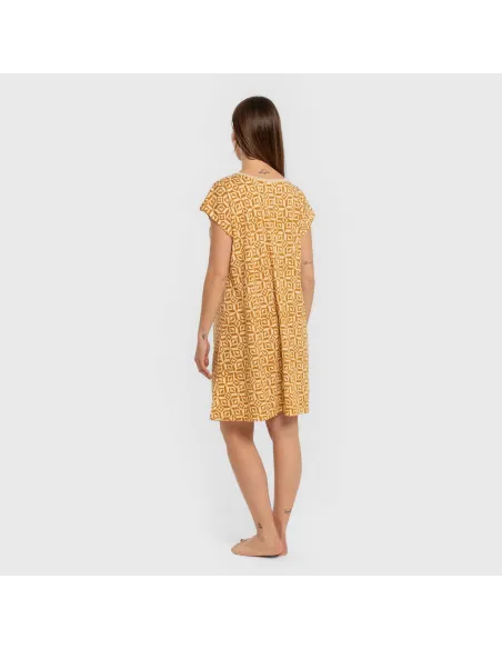 Vestido curto manga fluida crepe Corinto ocre vestidos-mulher