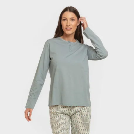 Pijama algodão Eucalipto azul celeste pijamas-compridos-de-mulher