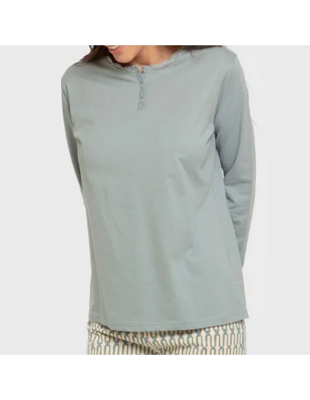 Pijama algodão Eucalipto azul celeste pijamas-compridos-de-mulher