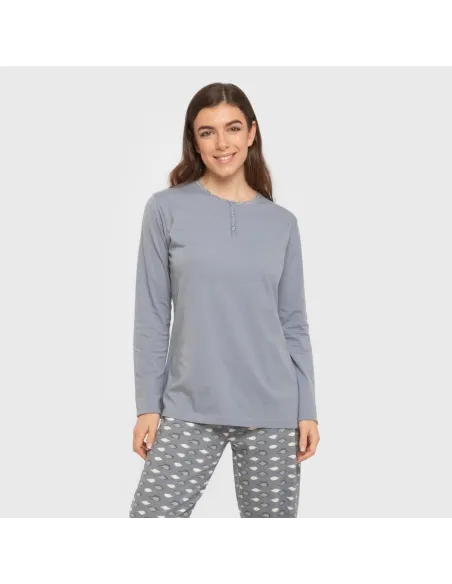 Pijama algodão Ocean azul indigo pijamas-compridos-de-mulher
