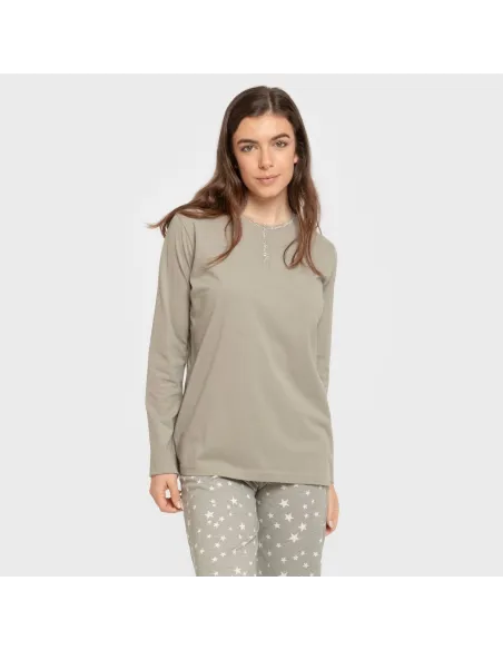 Pijama algodão Estrellita verde seco pijamas-compridos-de-mulher