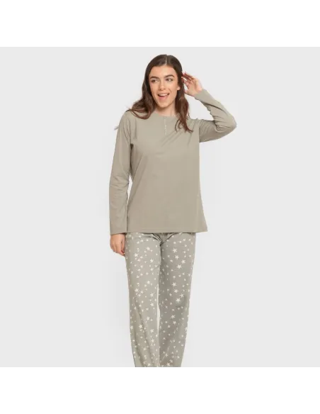 Pijama algodão Estrellita verde seco pijamas-compridos-de-mulher