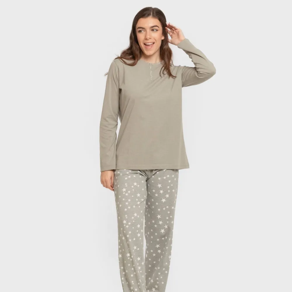 Pijama algodão Estrellita verde seco pijamas-compridos-de-mulher