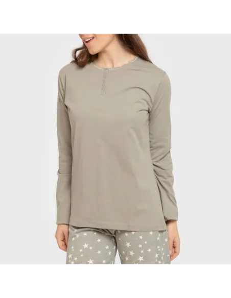 Pijama algodão Estrellita verde seco pijamas-compridos-de-mulher