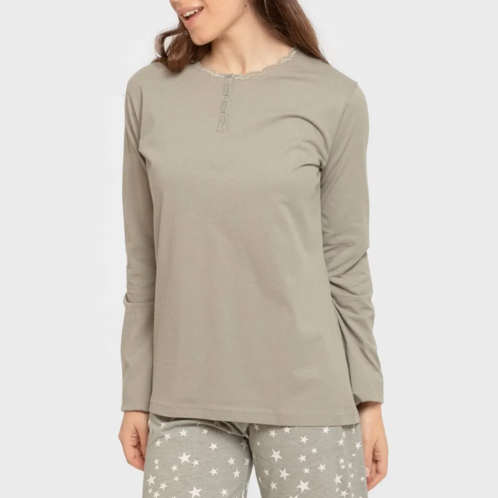 Pijama algodão Estrellita verde seco pijamas-compridos-de-mulher