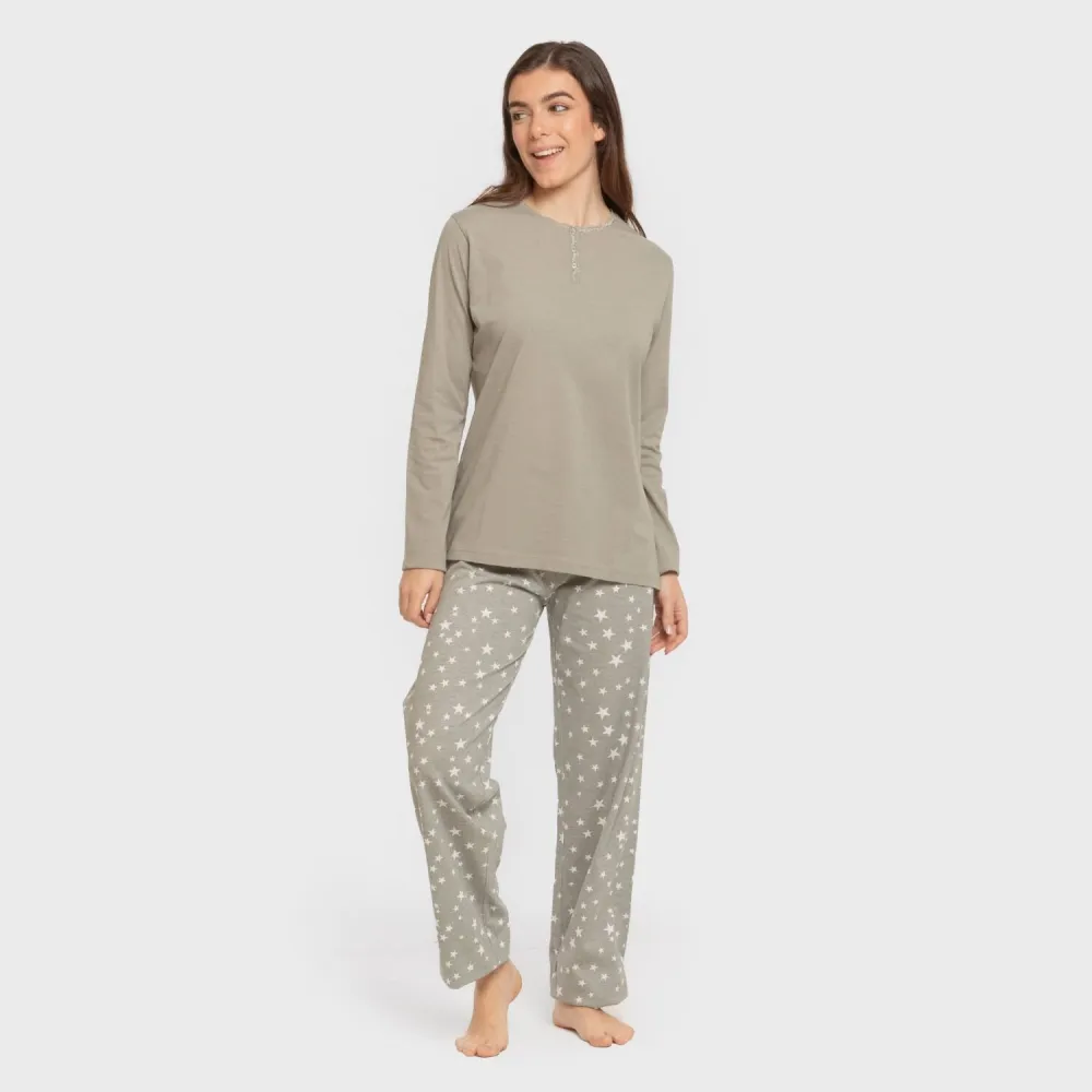 Pijama algodão Estrellita verde seco pijamas-compridos-de-mulher