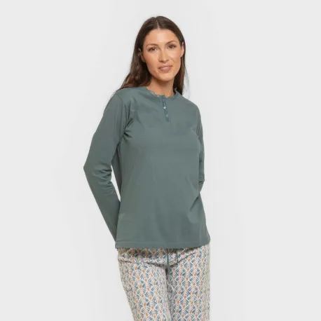 Pijama algodão Eloina água marinha pijamas-compridos-de-mulher