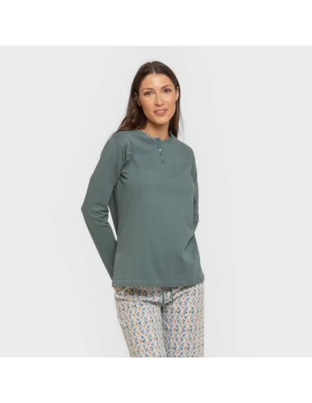 Pijama algodão Eloina água marinha pijamas-compridos-de-mulher