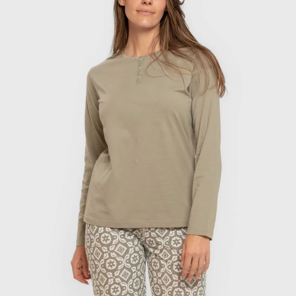 Pijama algodão Eugenia verde seco pijamas-compridos-de-mulher