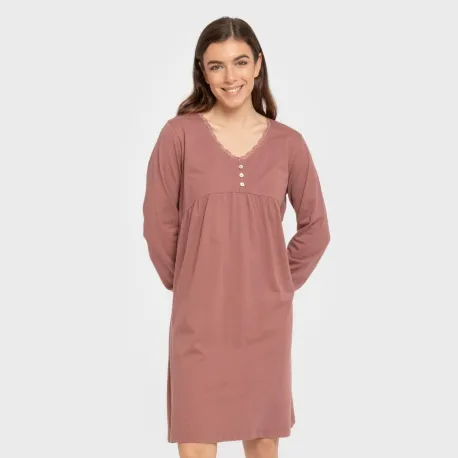 Vestido algodão manga comprida renda liso roupa-para-estar-por-casa