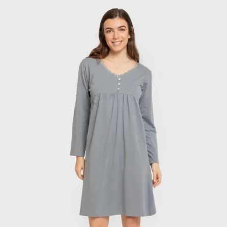 Vestido algodão manga comprida renda liso roupa-para-estar-por-casa
