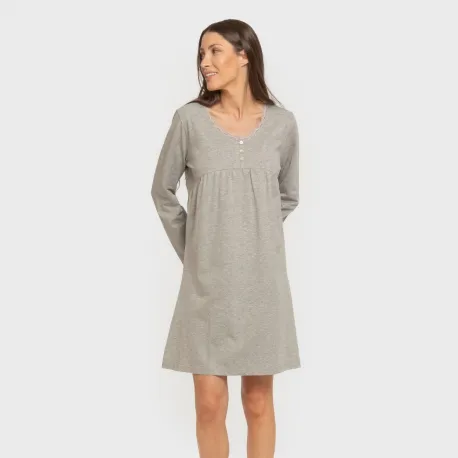 Vestido algodão manga comprida renda liso roupa-para-estar-por-casa
