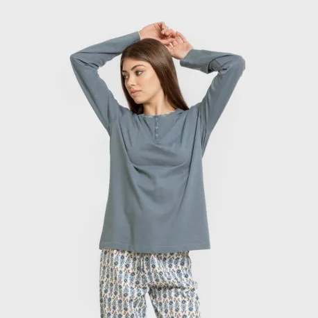 Pijama algodão Hibisco água marinha pijamas-compridos-de-mulher
