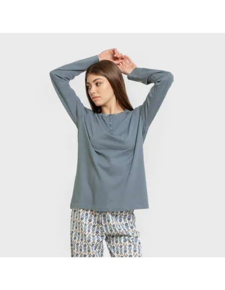 Pijama algodão Hibisco água marinha pijamas-compridos-de-mulher