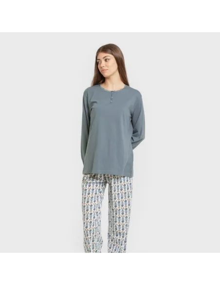 Pijama algodão Hibisco água marinha pijamas-compridos-de-mulher