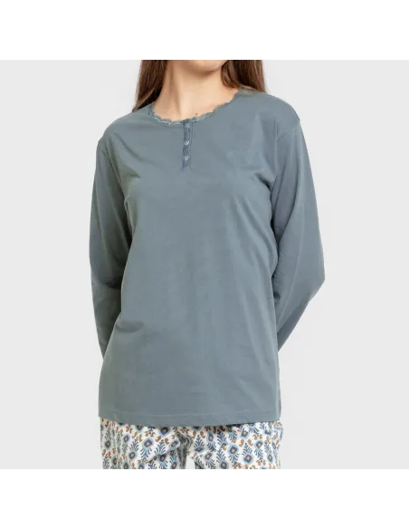 Pijama algodão Hibisco água marinha pijamas-compridos-de-mulher