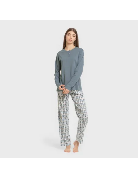 Pijama algodão Hibisco água marinha pijamas-compridos-de-mulher