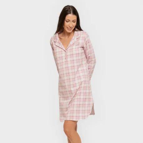 Camisola camiseiro de algodão de manga comprida Cuadro Moni rosa vestidos-mulher