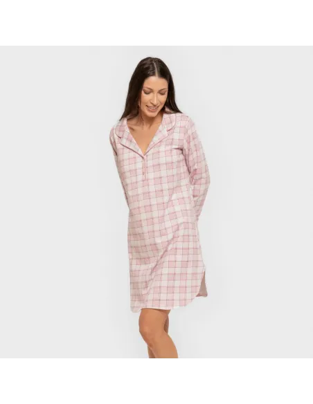 Camisola camiseiro de algodão de manga comprida Cuadro Moni rosa vestidos-mulher
