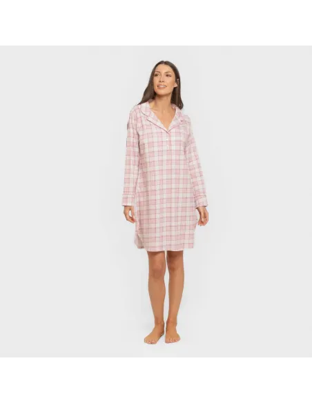 Camisola camiseiro de algodão de manga comprida Cuadro Moni rosa vestidos-mulher
