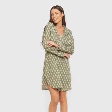 Camisola camiseiro de algodão de manga comprida Soma verde seco vestidos-mulher