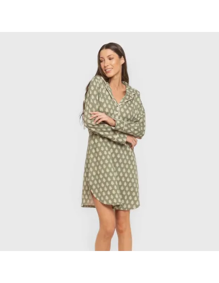 Camisola camiseiro de algodão de manga comprida Soma verde seco vestidos-mulher