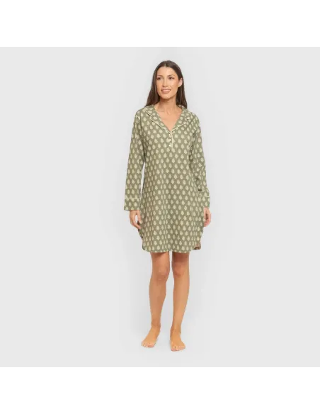 Camisola camiseiro de algodão de manga comprida Soma verde seco vestidos-mulher