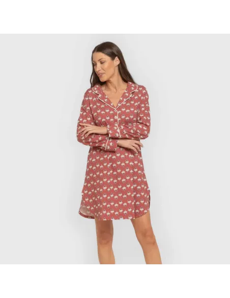 Camisola camiseiro de algodão de manga comprida Calendula marsala vestidos-mulher
