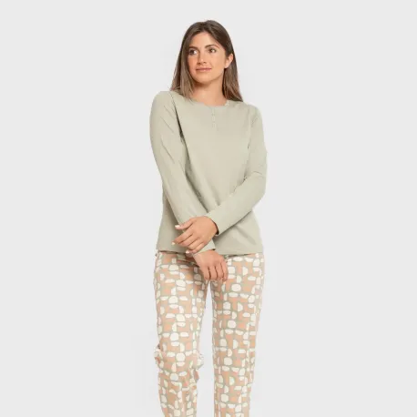 Pijama algodão Tebas verde caça pijamas-compridos-de-mulher