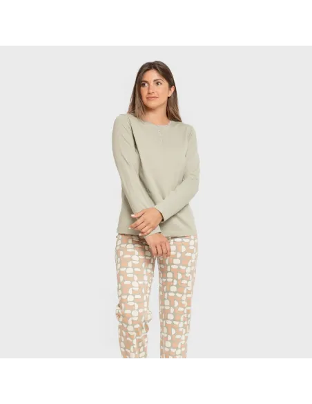 Pijama algodão Tebas verde caça pijamas-compridos-de-mulher