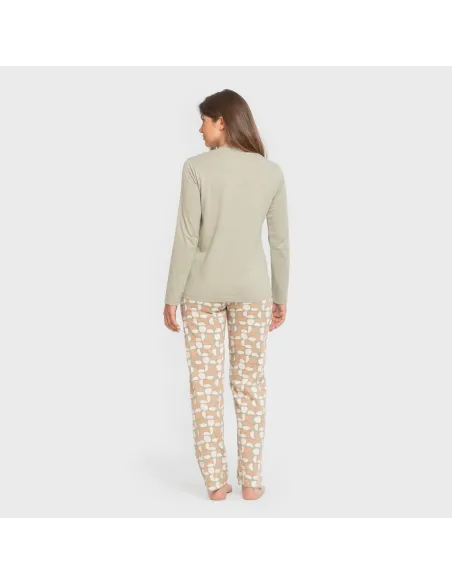 Pijama algodão Tebas verde caça pijamas-compridos-de-mulher