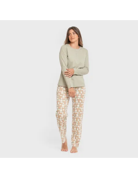 Pijama algodão Tebas verde caça pijamas-compridos-de-mulher