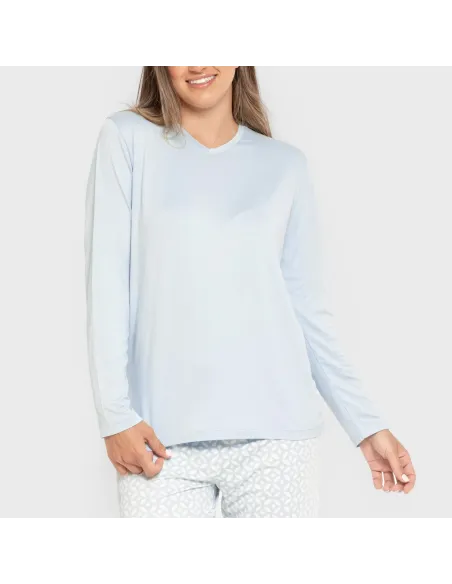 Pijama mulher soft Clau celeste pijamas-compridos-de-mulher