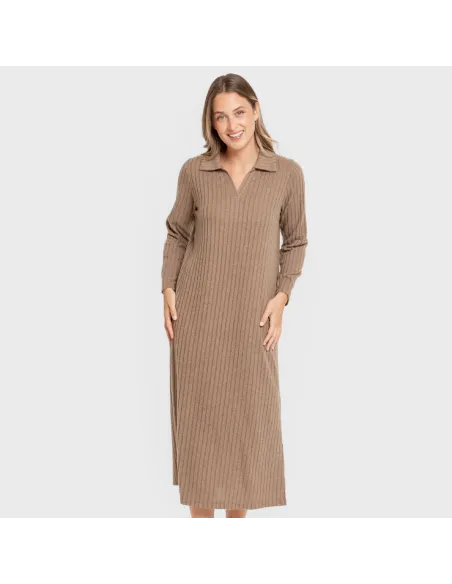 Vestido longo de manga longa com gola 4x2 canelado feminino vestidos-mulher