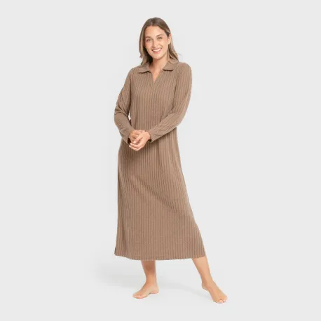 Vestido longo de manga longa com gola 4x2 canelado feminino vestidos-mulher