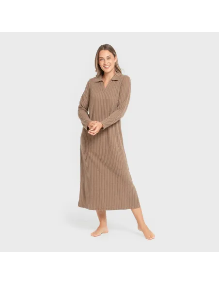Vestido longo de manga longa com gola 4x2 canelado feminino vestidos-mulher
