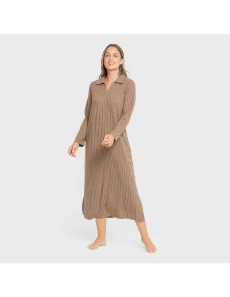 Vestido longo de manga longa com gola 4x2 canelado feminino vestidos-mulher